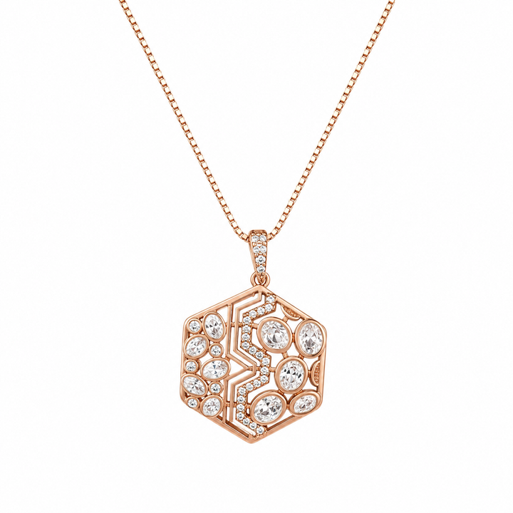 925 Sterling Silver Geometric Lattice Disc Pendant Necklace - Rose Gold Finish - front view