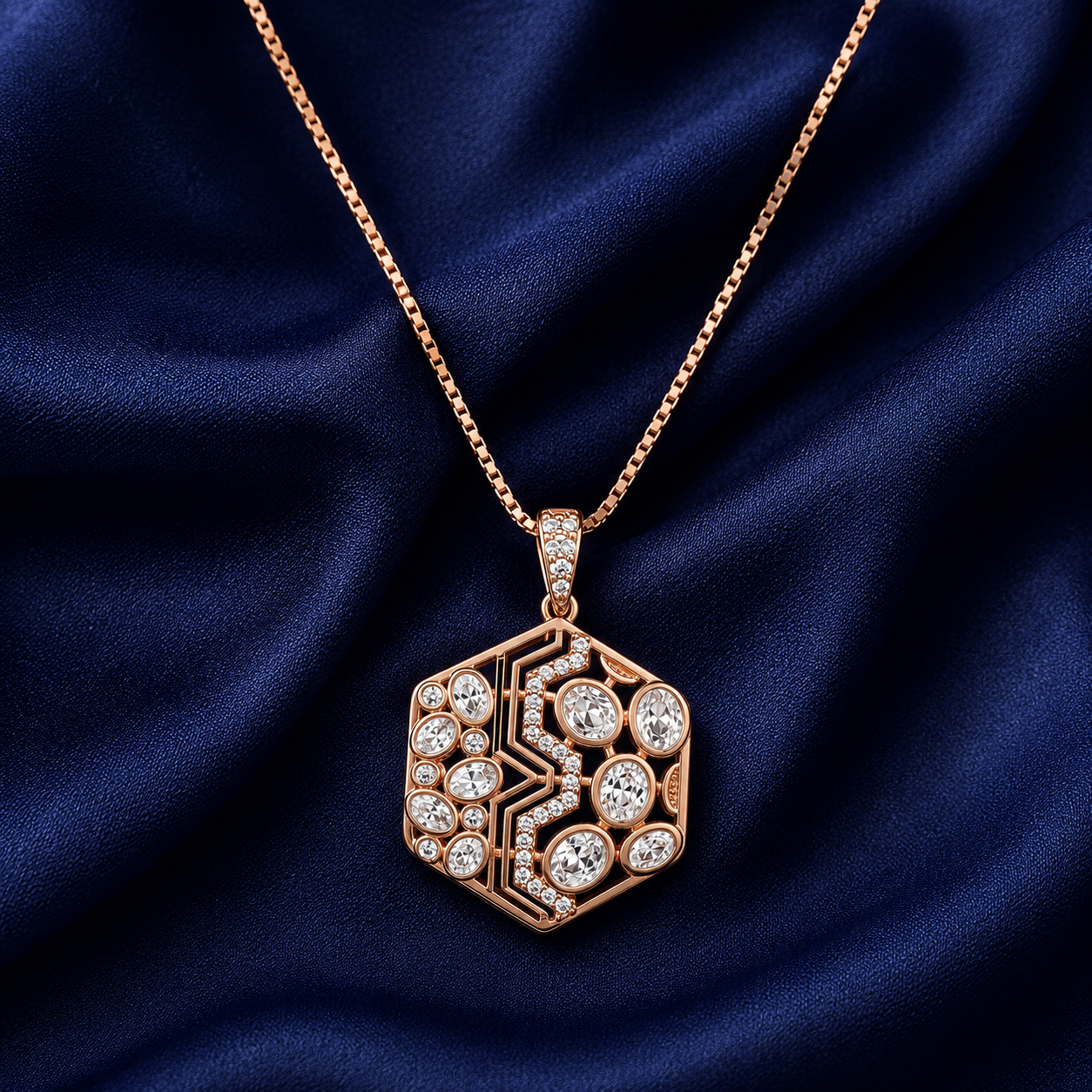 925 Sterling Silver Geometric Lattice Disc Pendant Necklace - Rose Gold Finish - alternate view
