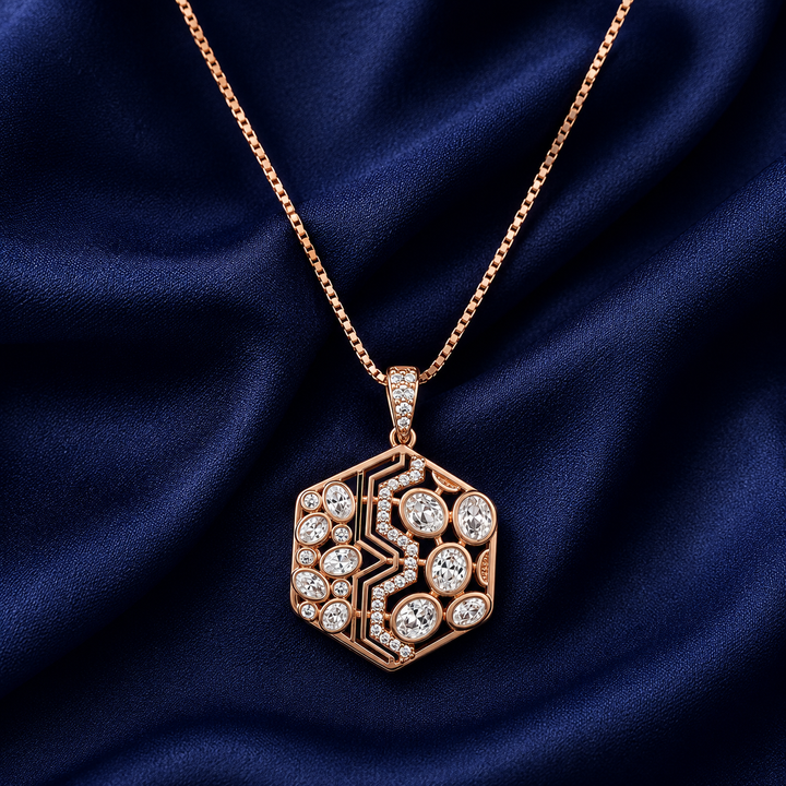 925 Sterling Silver Geometric Lattice Disc Pendant Necklace - Rose Gold Finish - alternate view
