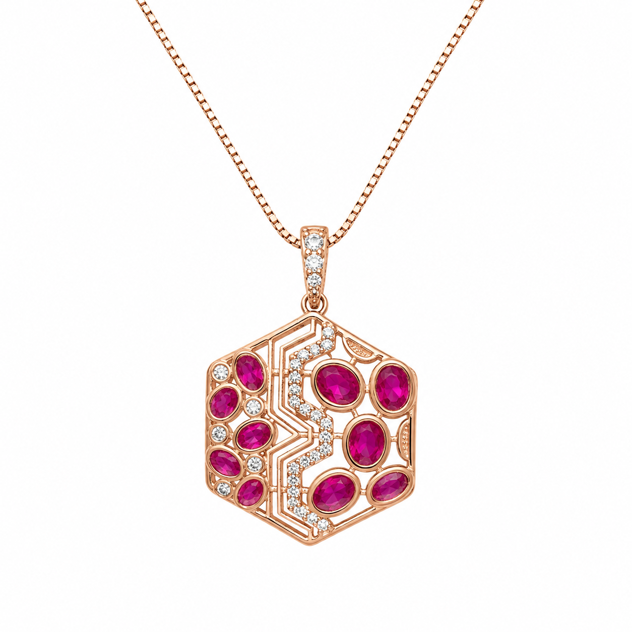 925 Sterling Silver Red Floral Square Pendant Necklace - Rose Gold Finish - front view
