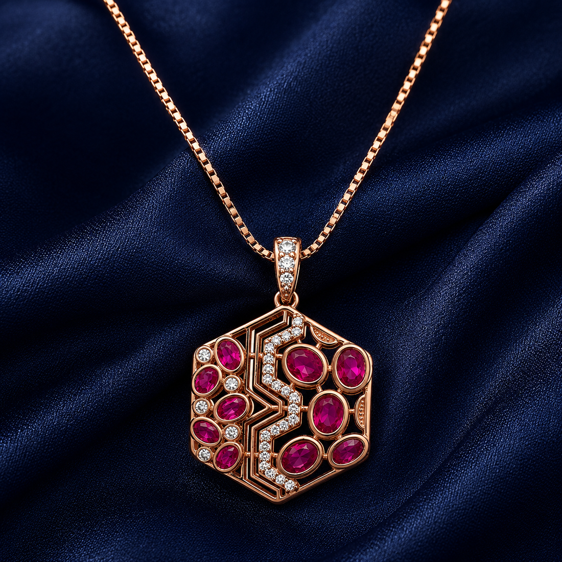 925 Sterling Silver Red Floral Square Pendant Necklace - Rose Gold Finish - alternate view