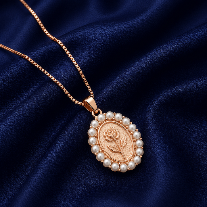925 Sterling Silver Ornate Oval Halo Pendant Necklace - Rose Gold Finish - front view
