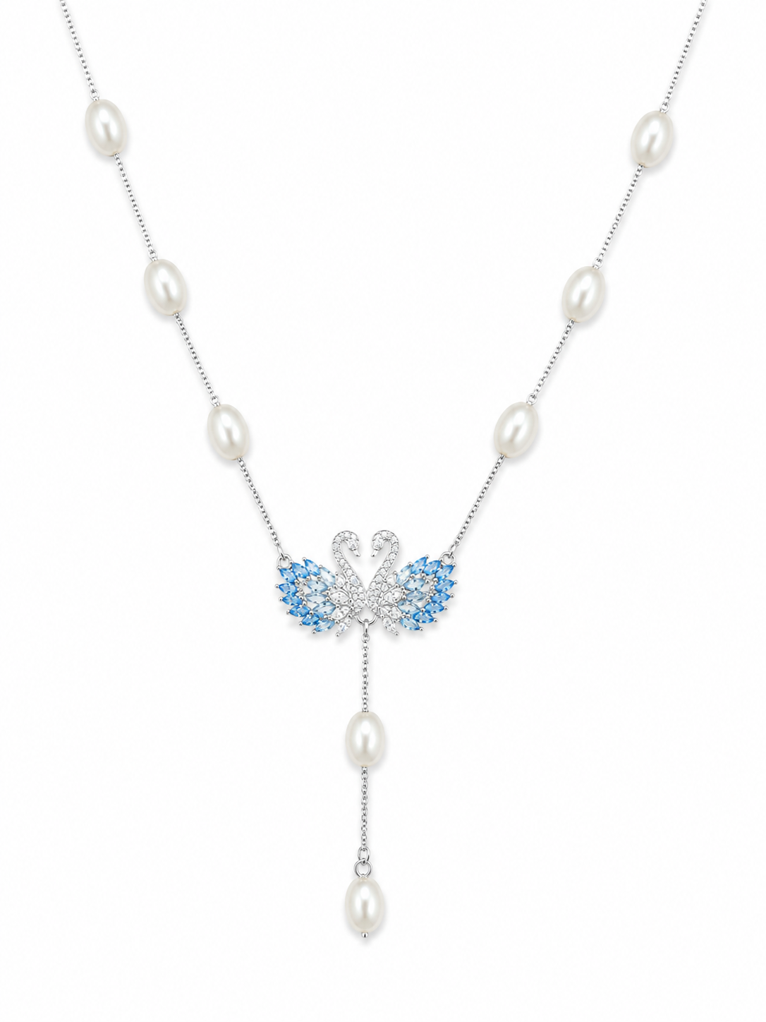 925 Sterling Silver Blue Y-Drop Pendant Necklace - Silver Finish - front view
