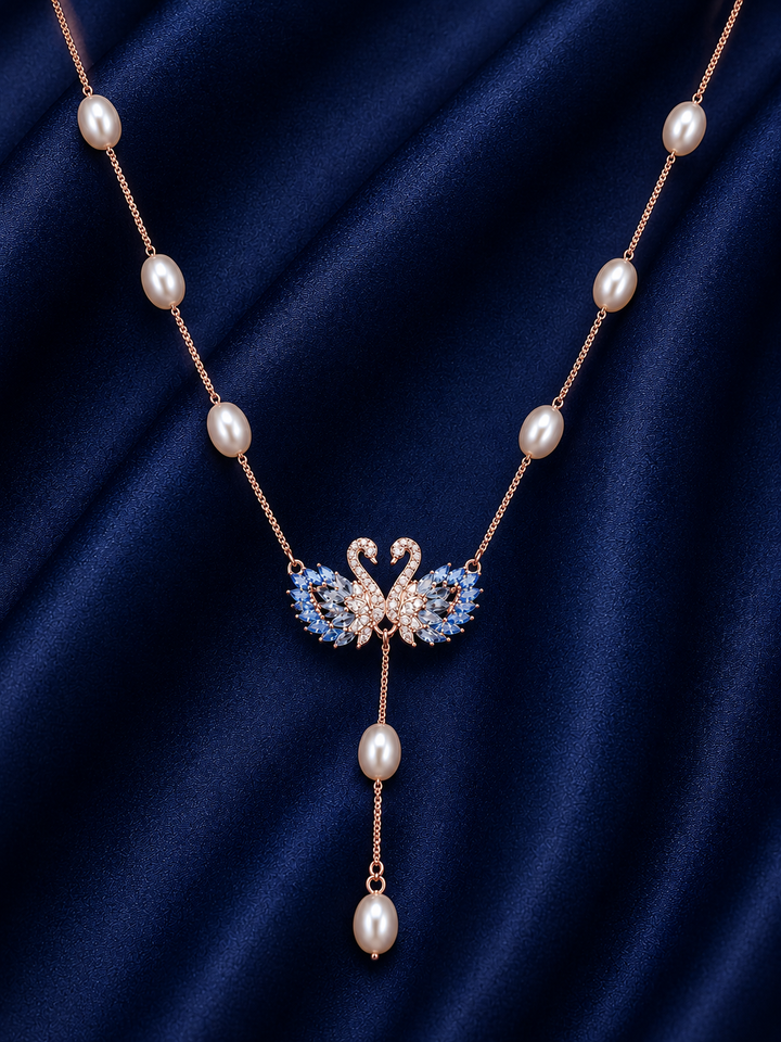 925 Sterling Silver Blue Y-Drop Pendant Necklace - Rose Gold Finish - front view