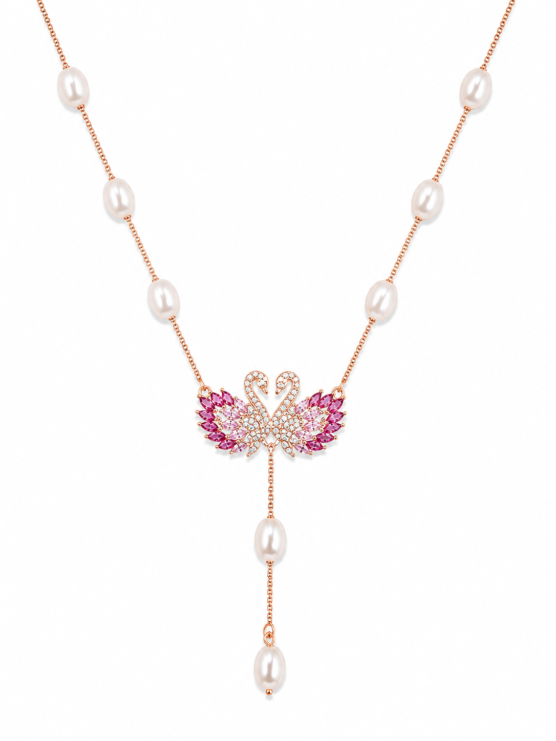 925 Sterling Silver Pink Y-Drop Pendant Necklace - Rose Gold Finish - front view