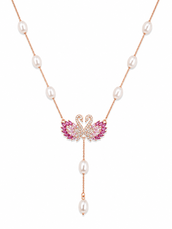 925 Sterling Silver Pink Y-Drop Pendant Necklace - Rose Gold Finish - front view