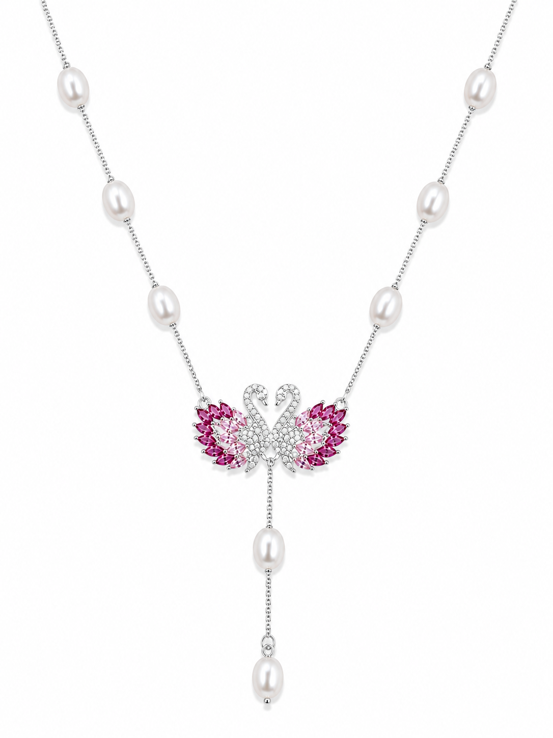 925 Sterling Silver Pink Y-Drop Pendant Necklace - Silver Finish - front view