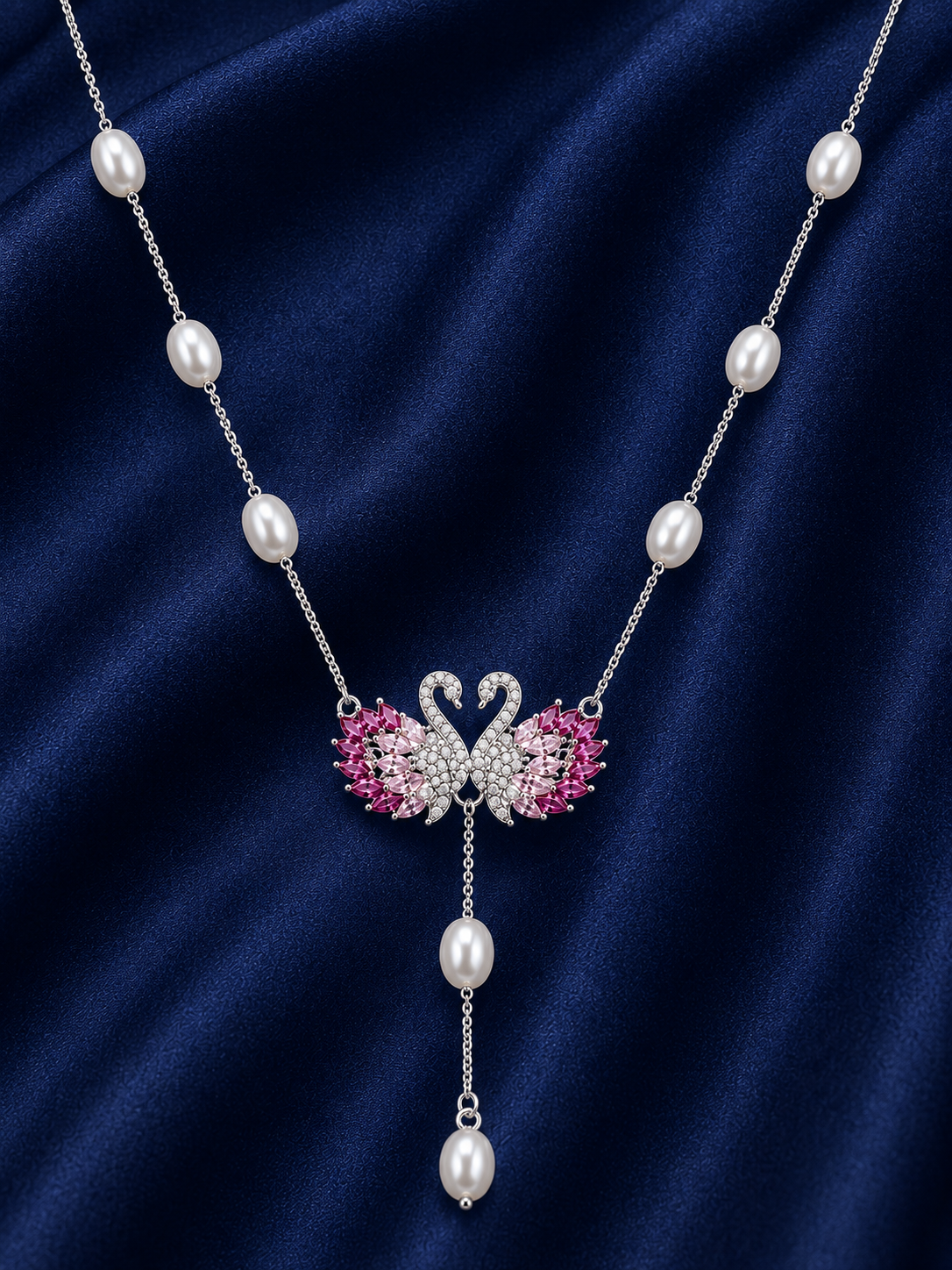 925 Sterling Silver Pink Y-Drop Pendant Necklace - Silver Finish - alternate view