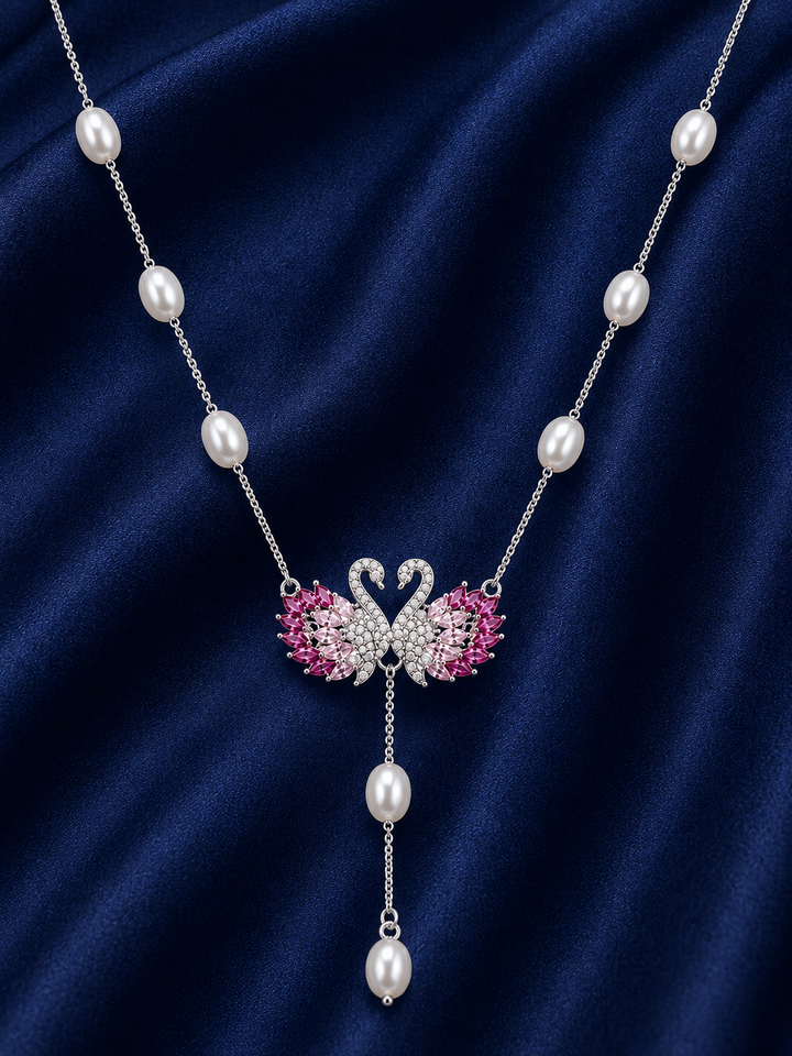 925 Sterling Silver Pink Y-Drop Pendant Necklace - Silver Finish - alternate view