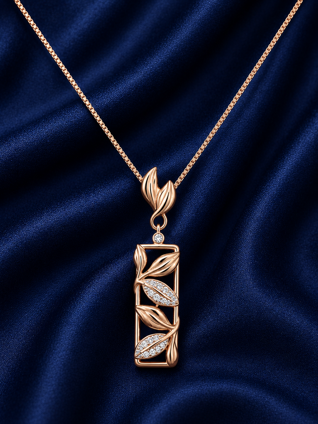 925 Sterling Silver Rectangular Crystal Bar Pendant Necklace - Rose Gold Finish - front view