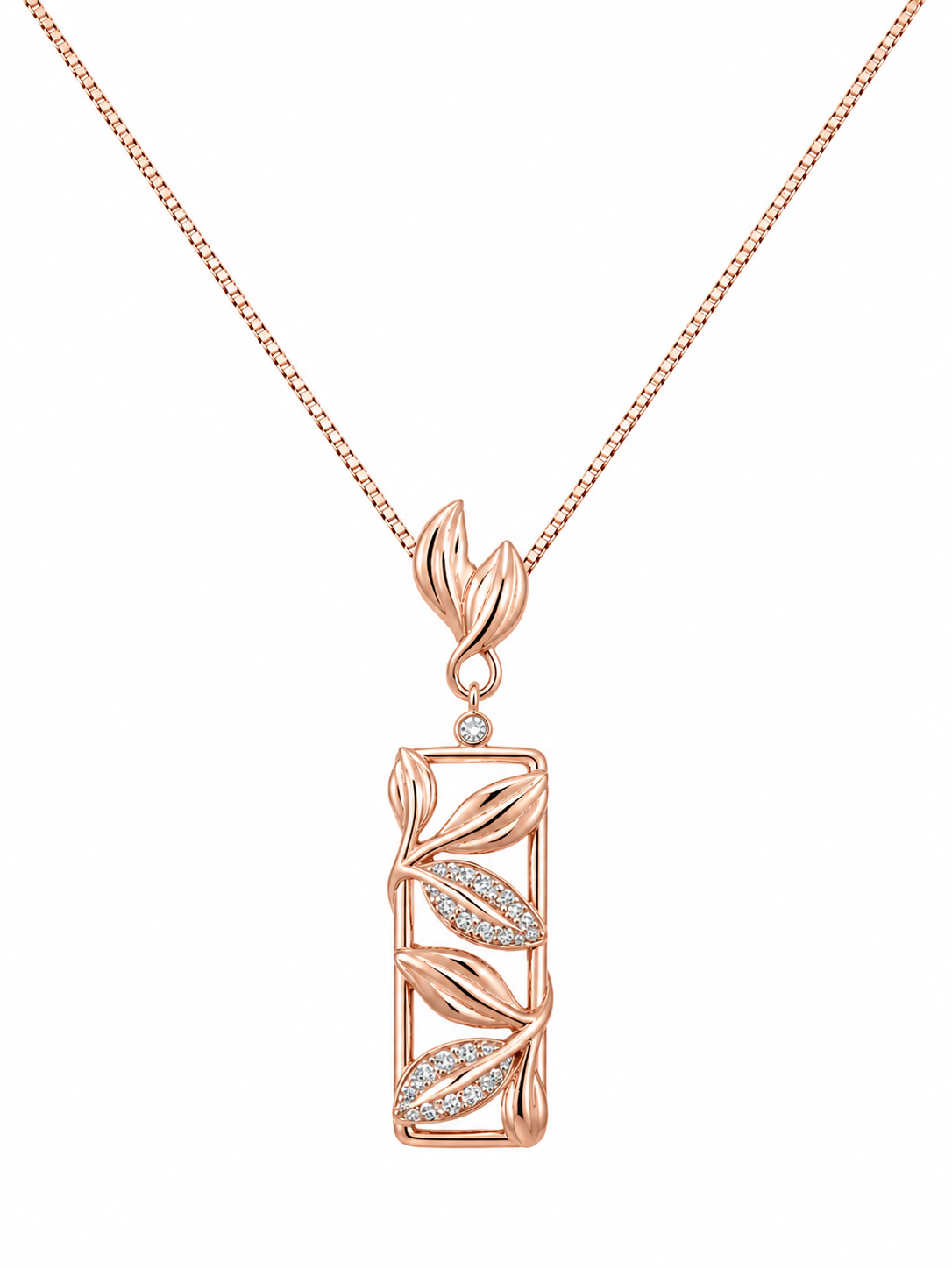 925 Sterling Silver Rectangular Crystal Bar Pendant Necklace - Rose Gold Finish - alternate view