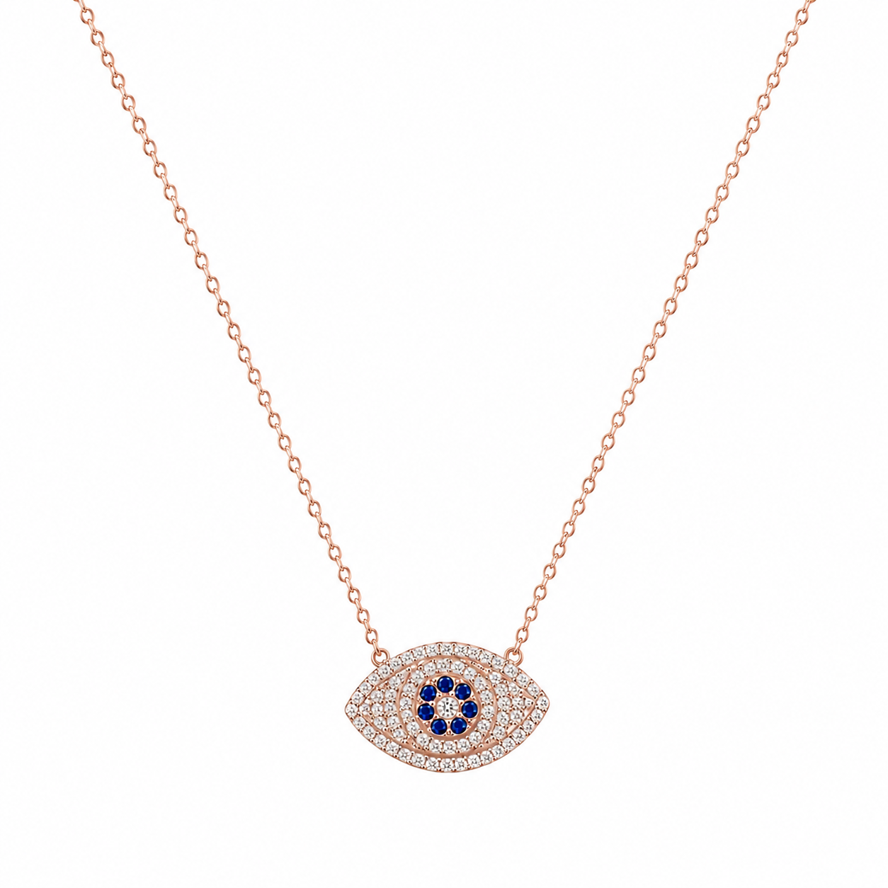 925 Sterling Silver Oval Evil Eye Pendant Necklace - Rose Gold Finish - front view