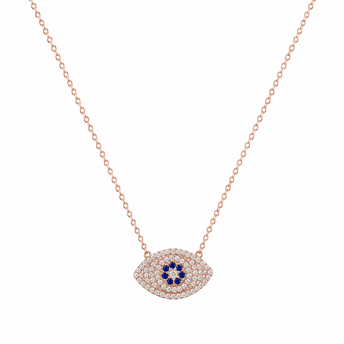 925 Sterling Silver Oval Evil Eye Pendant Necklace - Rose Gold Finish - front view