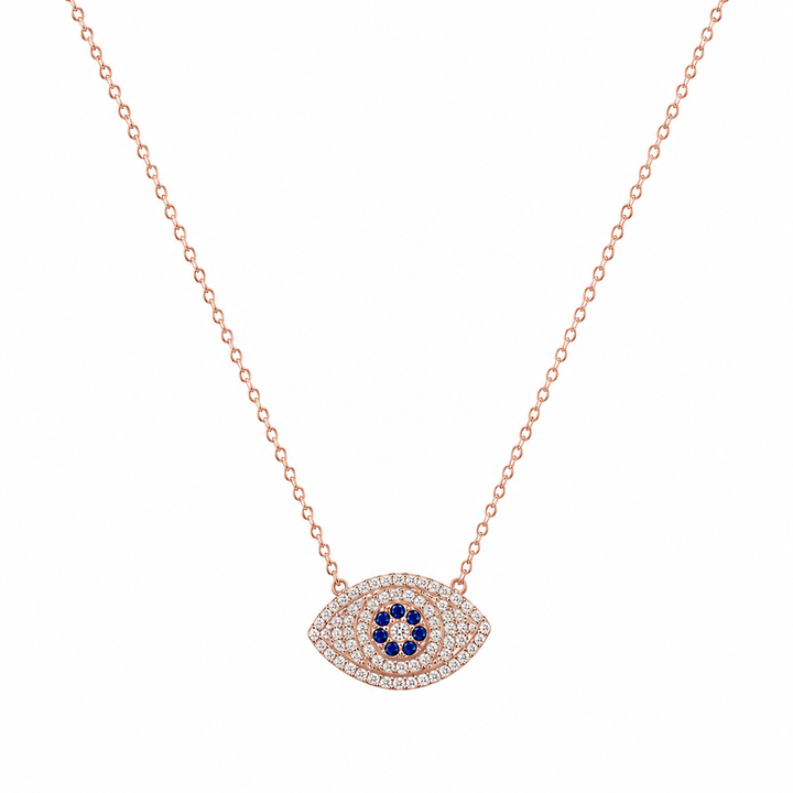 925 Sterling Silver Oval Evil Eye Pendant Necklace - Rose Gold Finish - front view