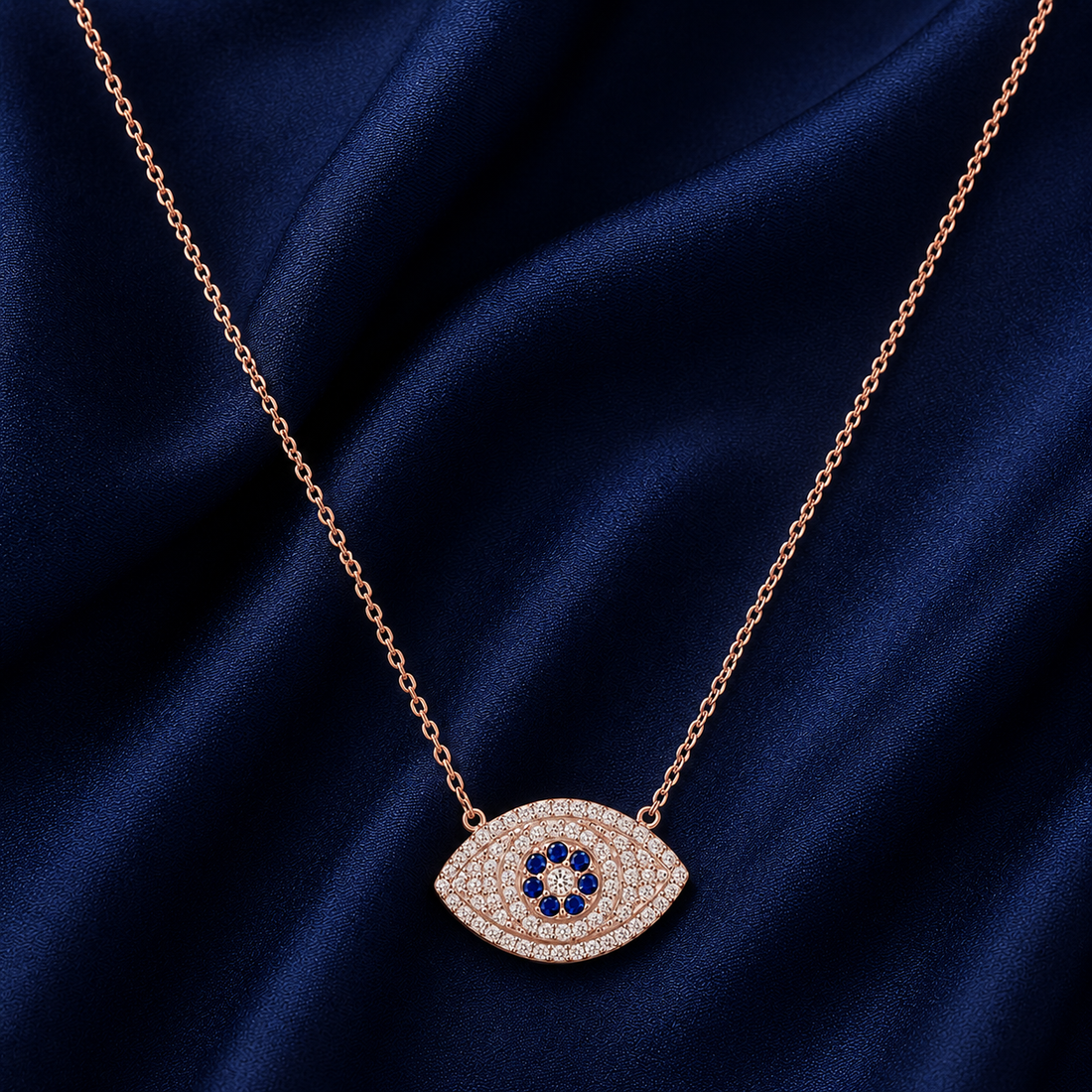 925 Sterling Silver Oval Evil Eye Pendant Necklace - Rose Gold Finish - alternate view