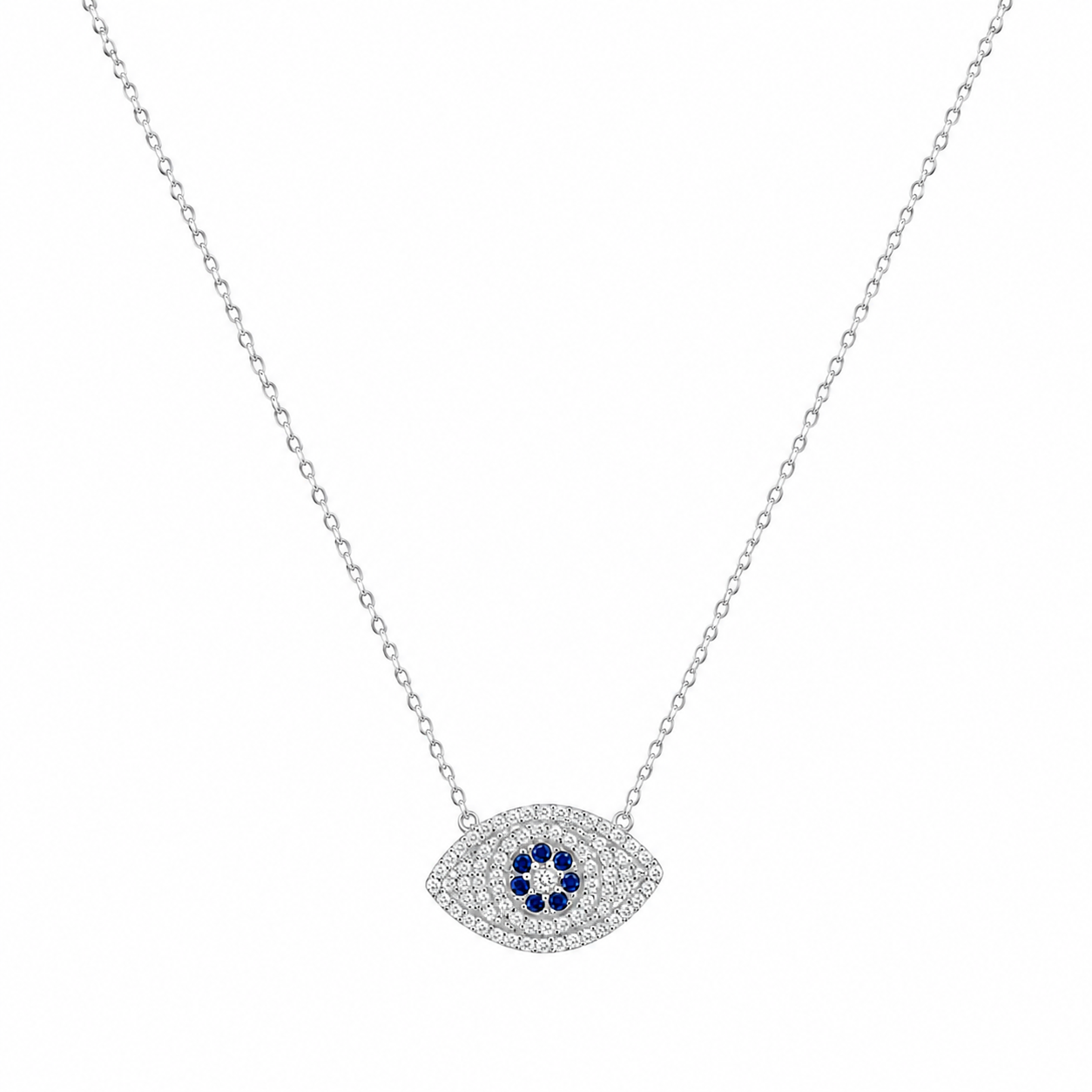 925 Sterling Silver Oval Evil Eye Pendant Necklace - Silver Finish - front view