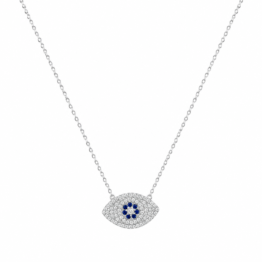 925 Sterling Silver Oval Evil Eye Pendant Necklace - Silver Finish - front view