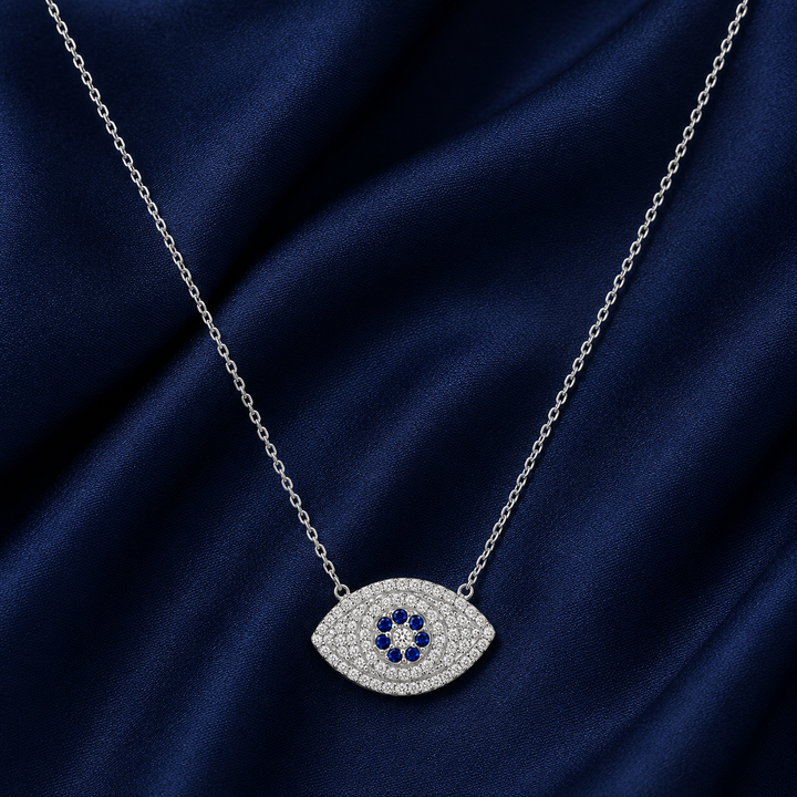 925 Sterling Silver Oval Evil Eye Pendant Necklace - Silver Finish - alternate view
