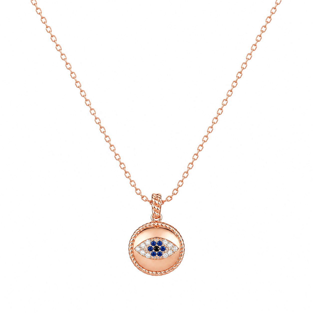925 Sterling Silver Round Evil Eye Pendant Necklace - Rose Gold Finish - front view