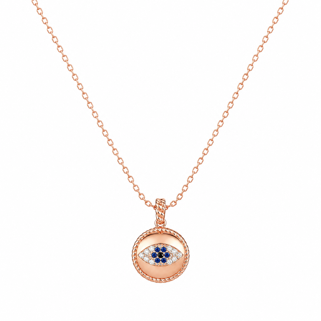 925 Sterling Silver Round Evil Eye Pendant Necklace - Rose Gold Finish - front view