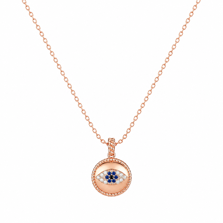 925 Sterling Silver Round Evil Eye Pendant Necklace - Rose Gold Finish - front view
