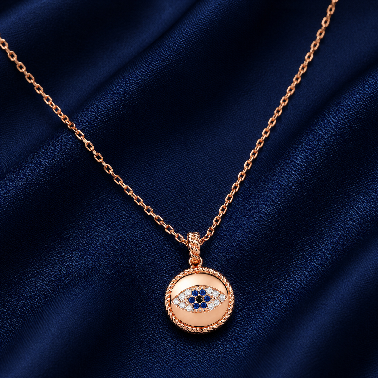 925 Sterling Silver Round Evil Eye Pendant Necklace - Rose Gold Finish - alternate view