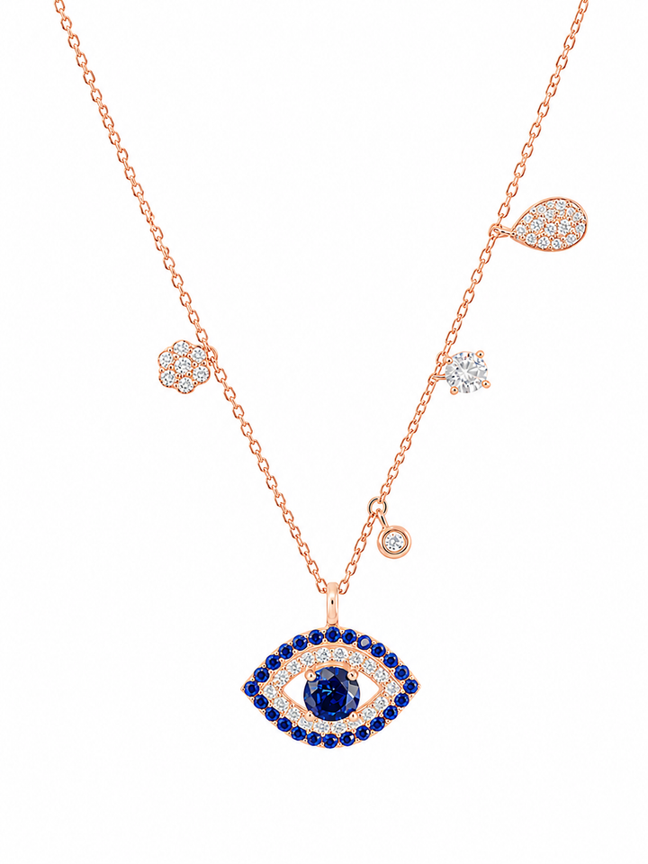 925 Sterling Silver Evil Eye Station Pendant Necklace - Rose Gold Finish - front view
