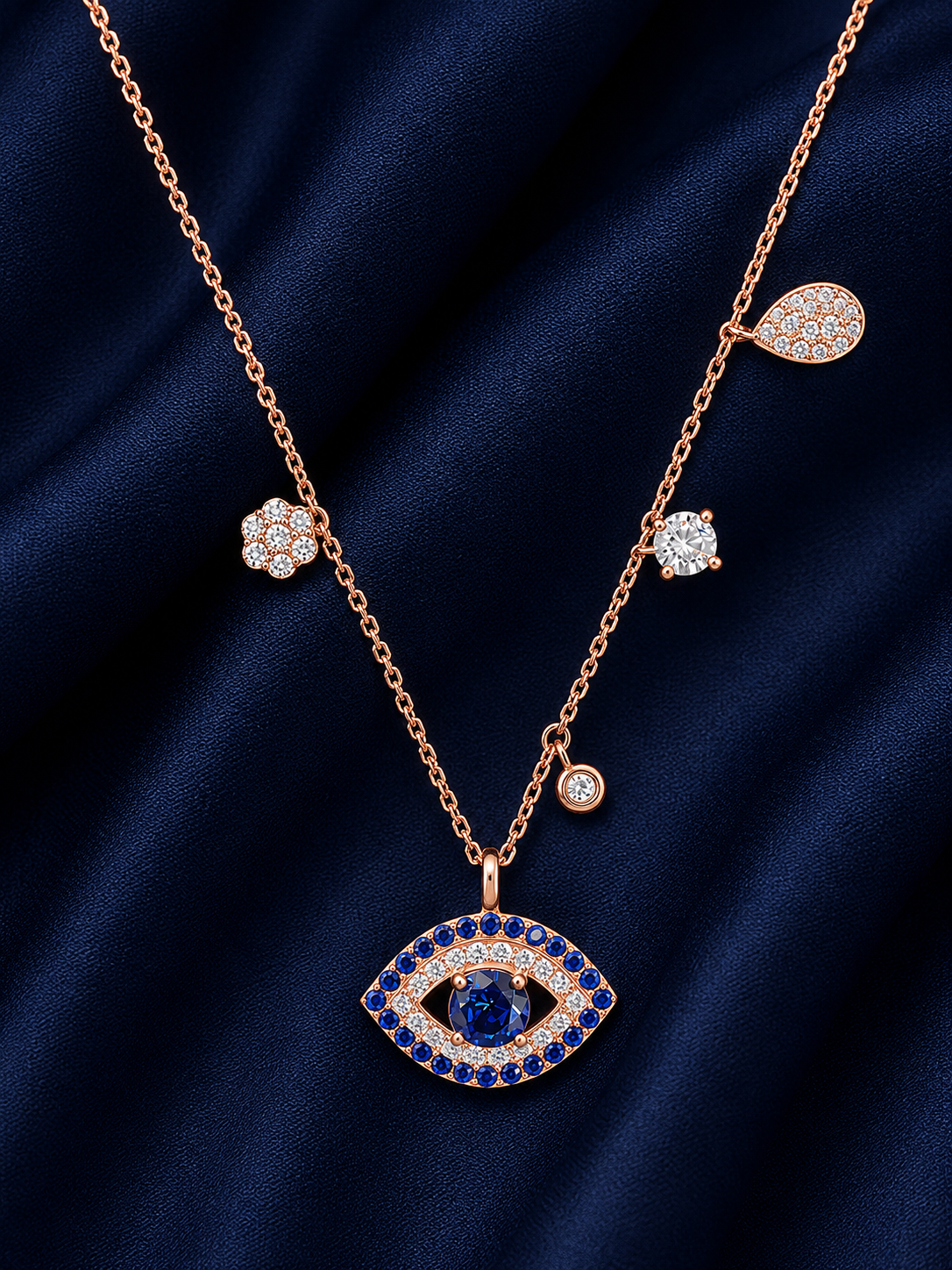 925 Sterling Silver Evil Eye Station Pendant Necklace - Rose Gold Finish - alternate view