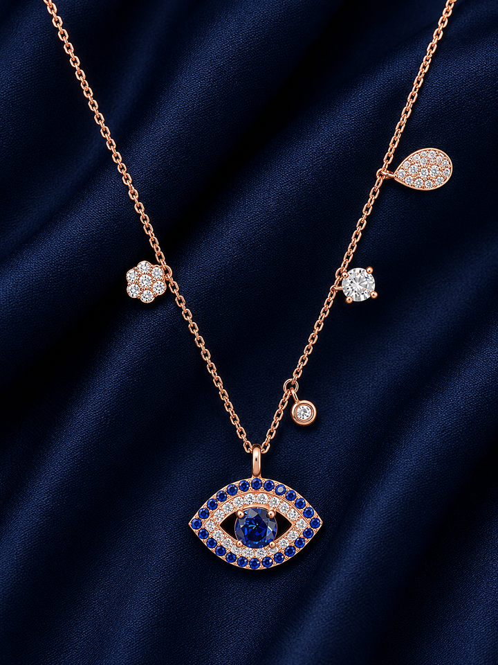 925 Sterling Silver Evil Eye Station Pendant Necklace - Rose Gold Finish - alternate view