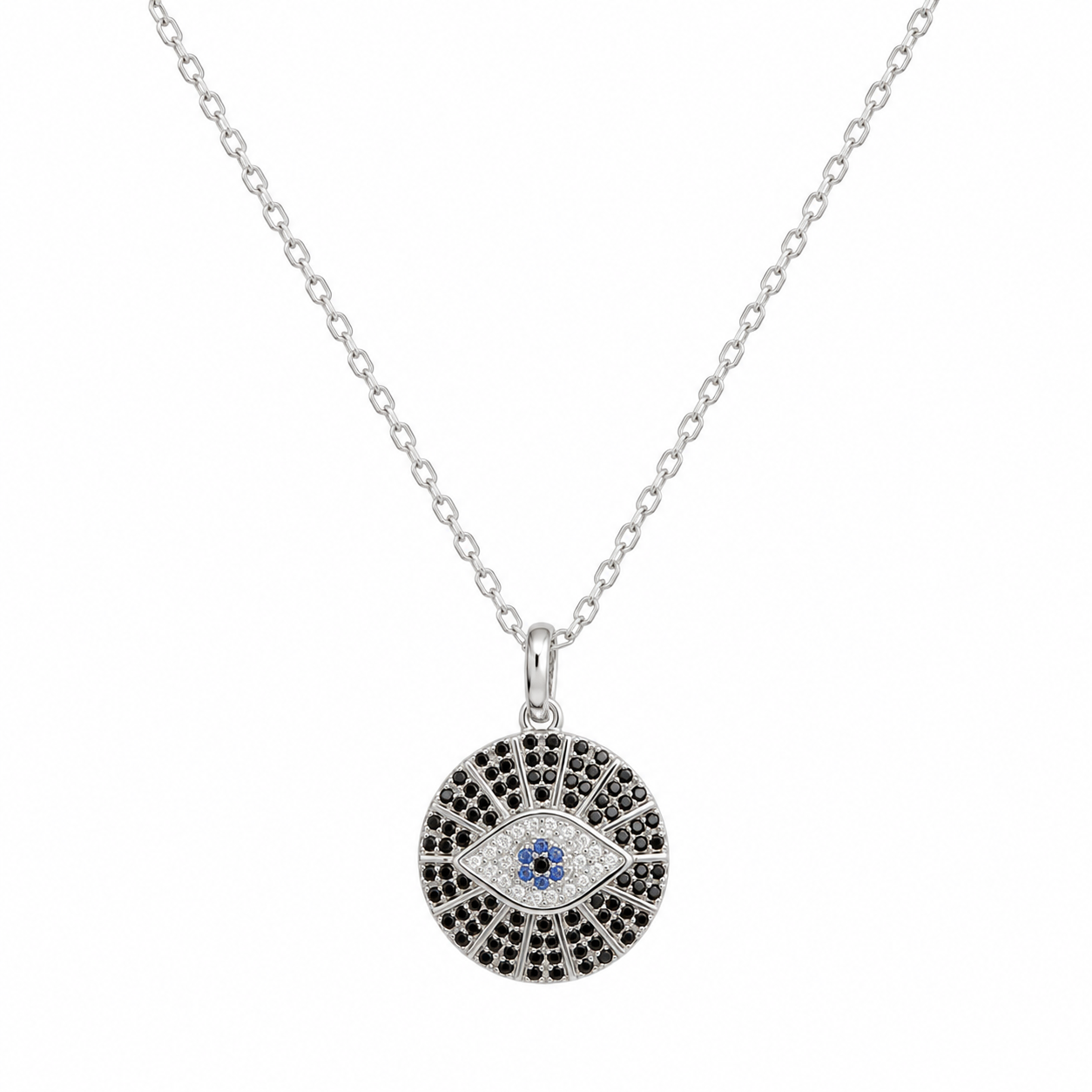 925 Sterling Silver Black Evil Eye Medallion Pendant Necklace - Silver Finish - front view