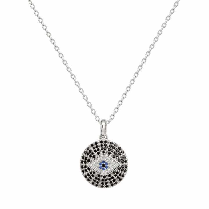 925 Sterling Silver Black Evil Eye Medallion Pendant Necklace - Silver Finish - front view