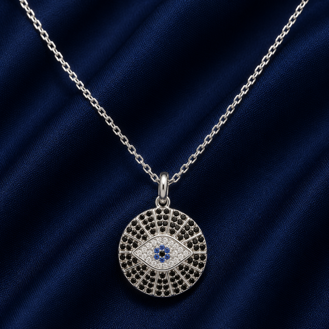 925 Sterling Silver Black Evil Eye Medallion Pendant Necklace - Silver Finish - alternate view