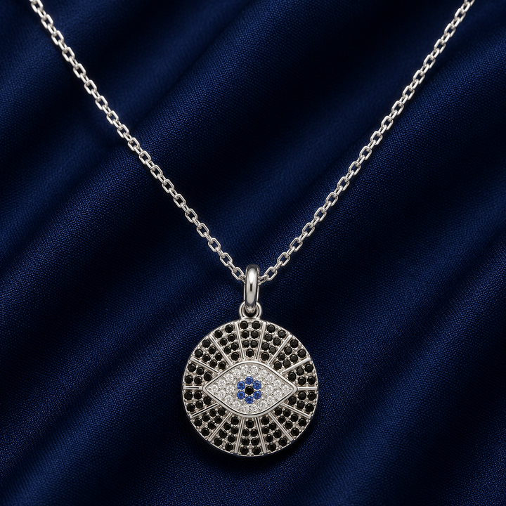 925 Sterling Silver Black Evil Eye Medallion Pendant Necklace - Silver Finish - alternate view