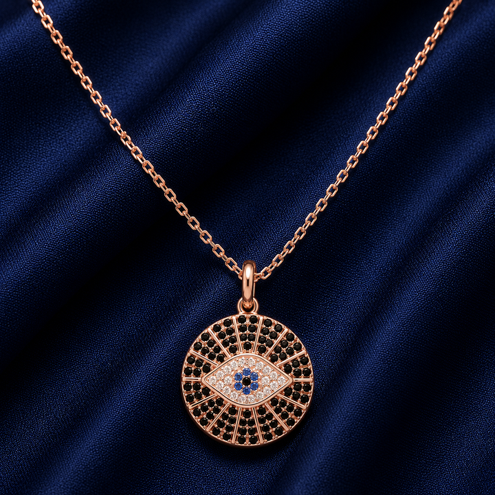 925 Sterling Silver Black Evil Eye Medallion Pendant Necklace - Rose Gold Finish - front view