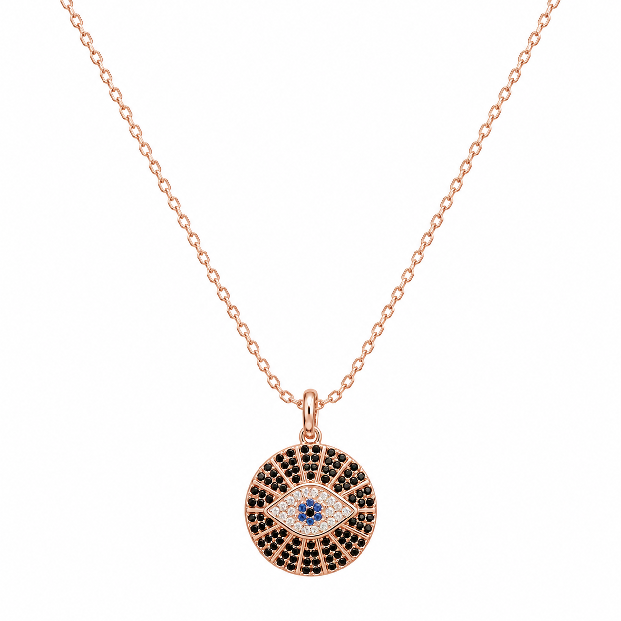 925 Sterling Silver Black Evil Eye Medallion Pendant Necklace - Rose Gold Finish - alternate view