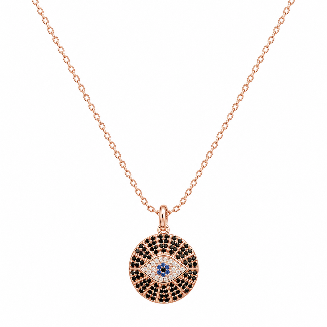 925 Sterling Silver Black Evil Eye Medallion Pendant Necklace - Rose Gold Finish - alternate view