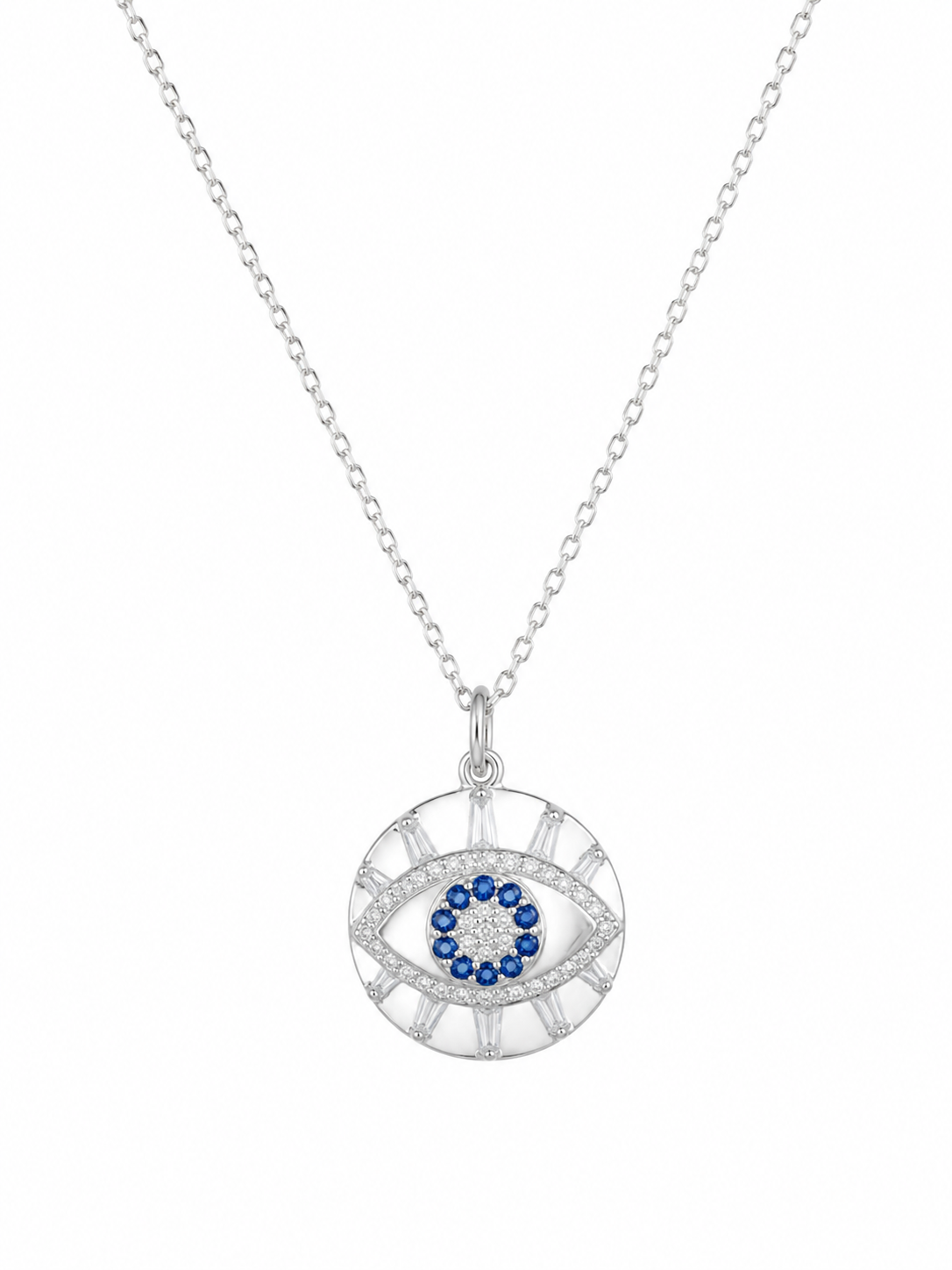 925 Sterling Silver Blue Evil Eye Halo Pendant Necklace - Silver Finish - front view