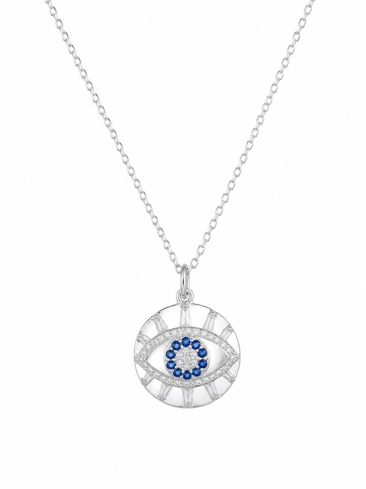925 Sterling Silver Blue Evil Eye Halo Pendant Necklace - Silver Finish - front view