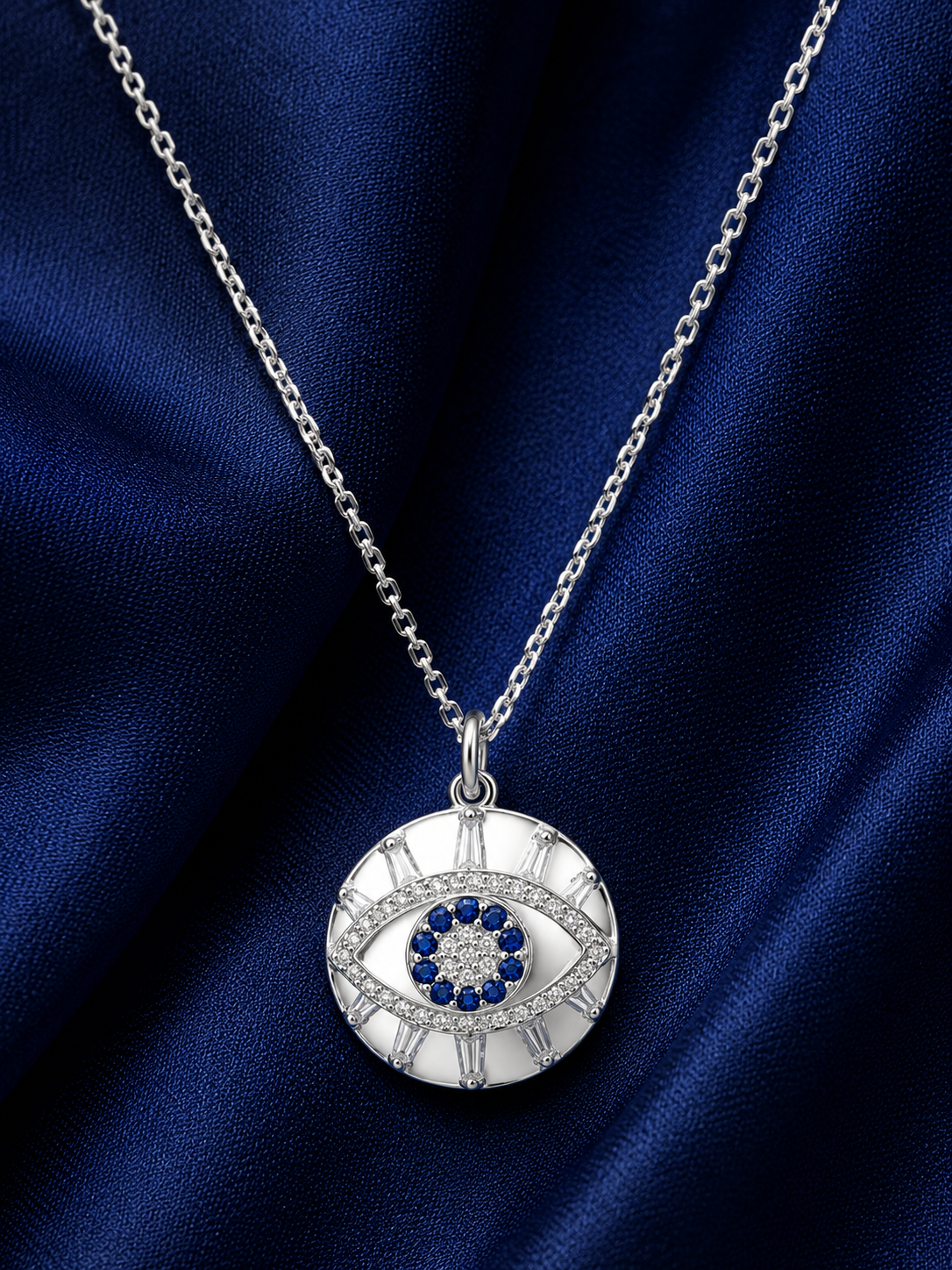 925 Sterling Silver Blue Evil Eye Halo Pendant Necklace - Silver Finish - alternate view