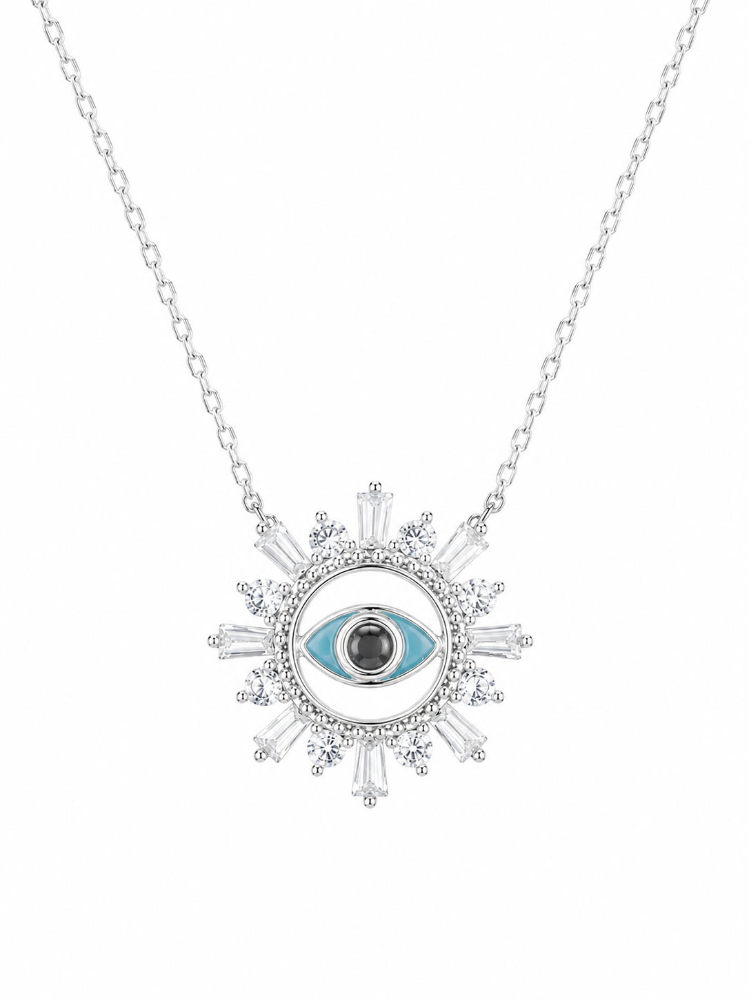 925 Sterling Silver Sunburst Evil Eye Pendant Necklace - Silver Finish - front view