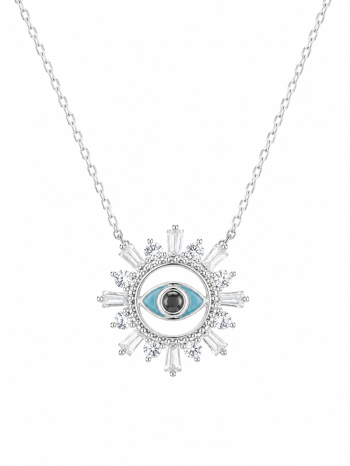 925 Sterling Silver Sunburst Evil Eye Pendant Necklace - Silver Finish - front view