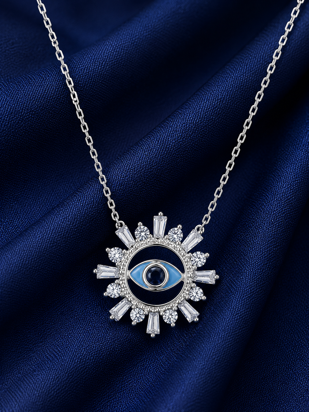 925 Sterling Silver Sunburst Evil Eye Pendant Necklace - Silver Finish - alternate view