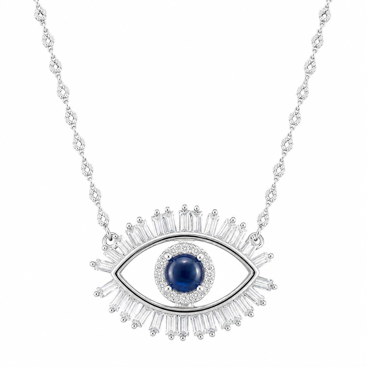 925 Sterling Silver Statement Evil Eye Pendant Necklace - Silver Finish - front view
