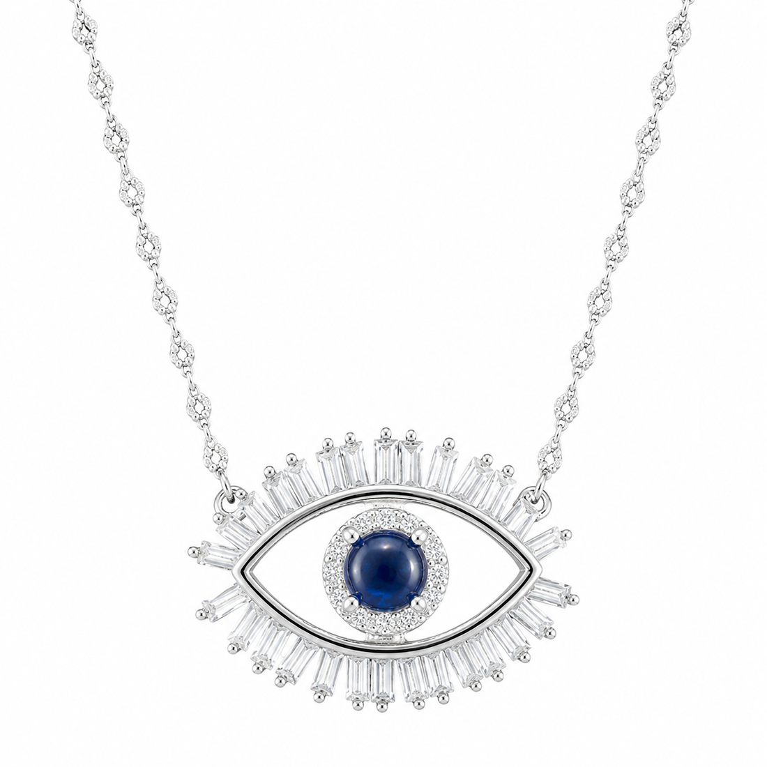 925 Sterling Silver Statement Evil Eye Pendant Necklace - Silver Finish - front view