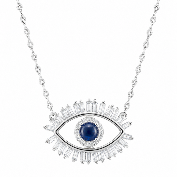 925 Sterling Silver Statement Evil Eye Pendant Necklace - Silver Finish - front view