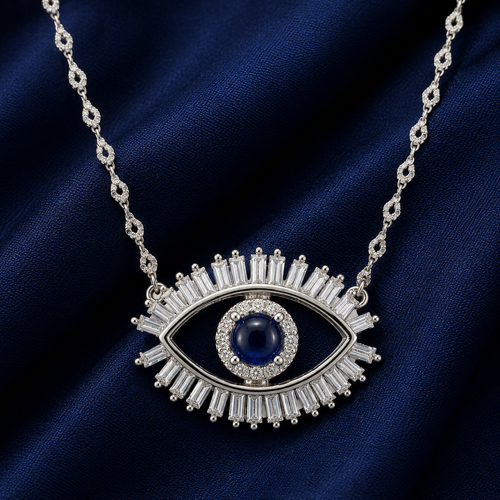 925 Sterling Silver Statement Evil Eye Pendant Necklace - Silver Finish - alternate view