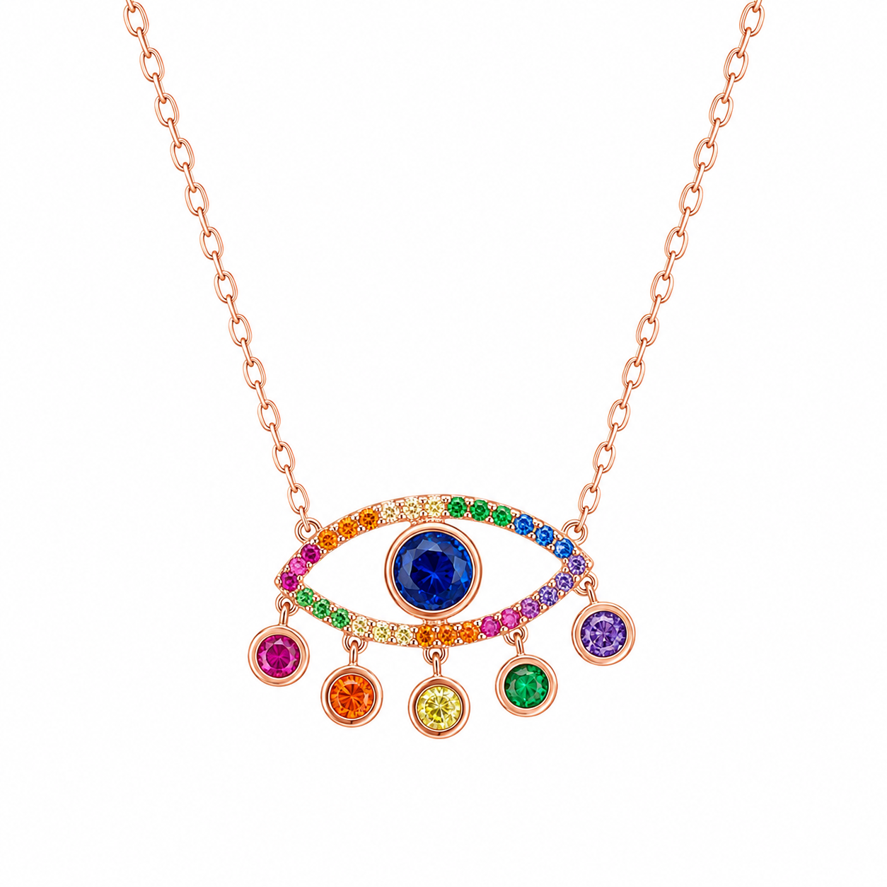 925 Sterling Silver Multicolor Evil Eye Pendant Necklace - Rose Gold Finish - front view