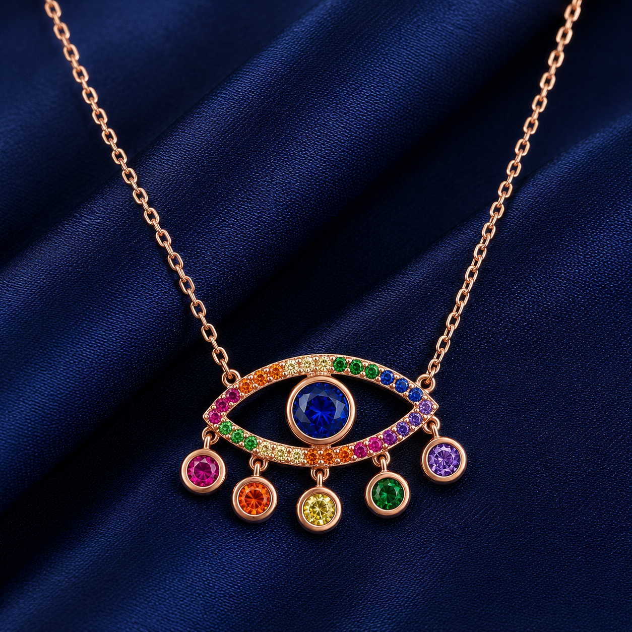 925 Sterling Silver Multicolor Evil Eye Pendant Necklace - Rose Gold Finish - alternate view