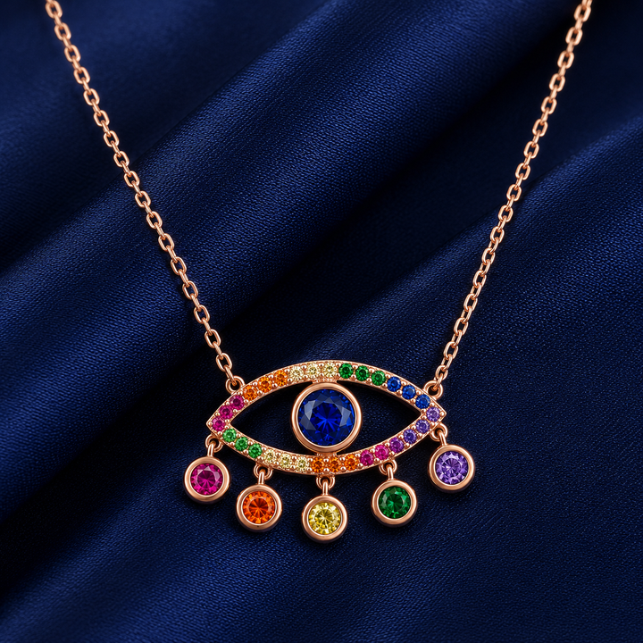 925 Sterling Silver Multicolor Evil Eye Pendant Necklace - Rose Gold Finish - alternate view
