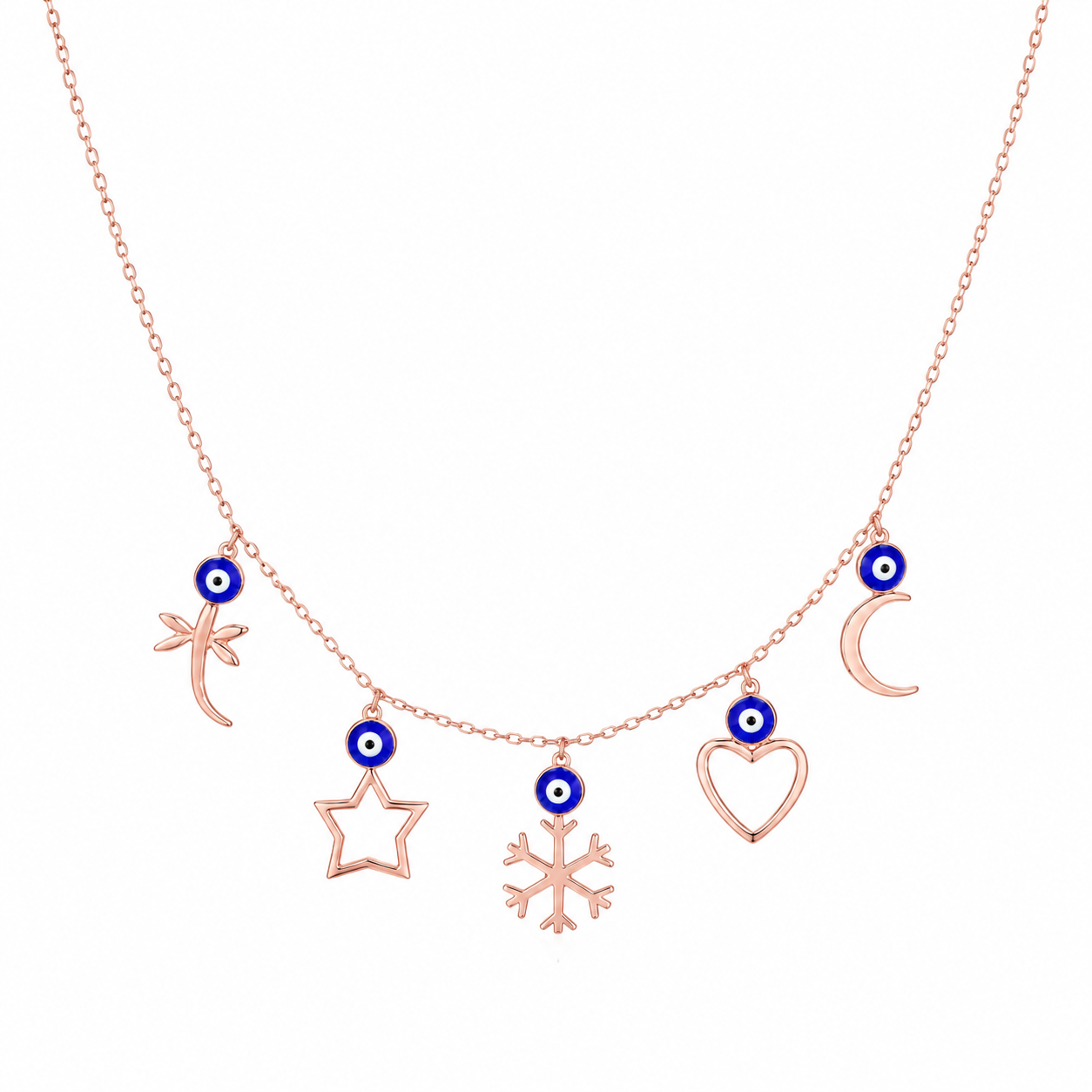925 Sterling Silver Multicolor Charm Station Pendant Necklace - Rose Gold Finish - front view